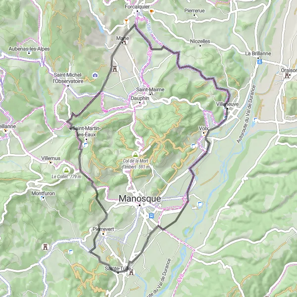 Map miniature of "Scenic Route through Pierrevert and Villeneuve" cycling inspiration in Provence-Alpes-Côte d’Azur, France. Generated by Tarmacs.app cycling route planner