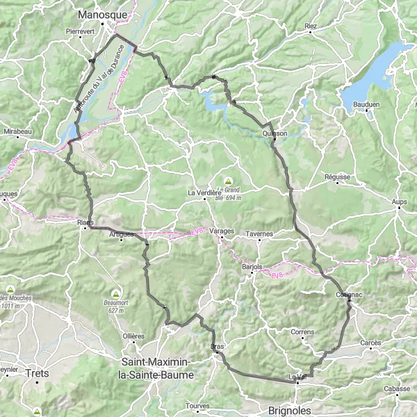 Miniaturní mapa "Velká road cyklistická trasa kolem Sainte-Tulle" inspirace pro cyklisty v oblasti Provence-Alpes-Côte d’Azur, France. Vytvořeno pomocí plánovače tras Tarmacs.app