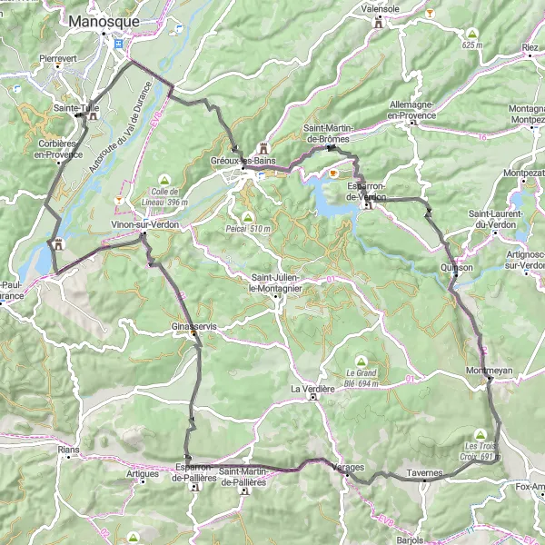 Map miniature of "Gréoux-les-Bains and Vinon-sur-Verdon Road Route" cycling inspiration in Provence-Alpes-Côte d’Azur, France. Generated by Tarmacs.app cycling route planner