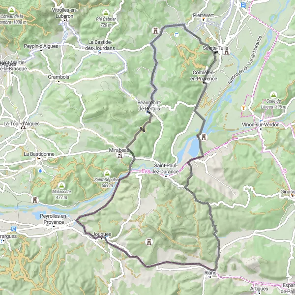 Mapa miniatúra "Okruh cez Corbières-en-Provence" cyklistická inšpirácia v Provence-Alpes-Côte d’Azur, France. Vygenerované cyklistickým plánovačom trás Tarmacs.app
