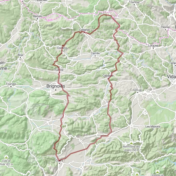 Zemljevid v pomanjšavi "Sproščujoča gravel avantura skozi Provanso" kolesarske inspiracije v Provence-Alpes-Côte d’Azur, France. Generirano z načrtovalcem kolesarskih poti Tarmacs.app