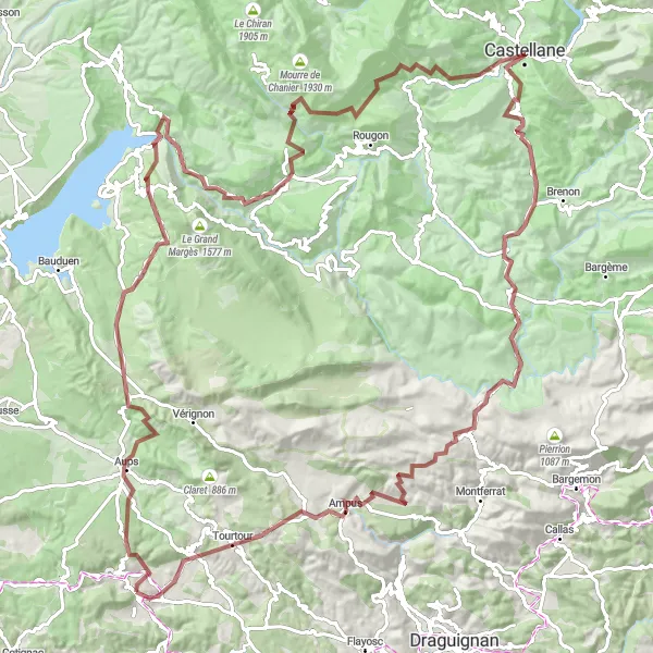 Map miniature of "Daring Gravel Adventure: Aups to Aiguines" cycling inspiration in Provence-Alpes-Côte d’Azur, France. Generated by Tarmacs.app cycling route planner