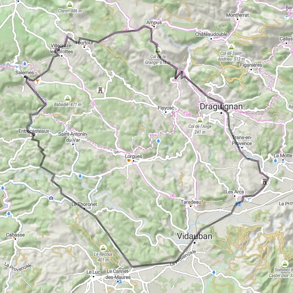 Miniature de la carte de l'inspiration cycliste "Parcours panoramique vers Le Thoronet" dans la Provence-Alpes-Côte d’Azur, France. Générée par le planificateur d'itinéraire cycliste Tarmacs.app