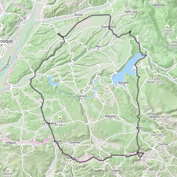 Map miniature of "Chasing Waterfalls: Cascade to Aups on Road" cycling inspiration in Provence-Alpes-Côte d’Azur, France. Generated by Tarmacs.app cycling route planner