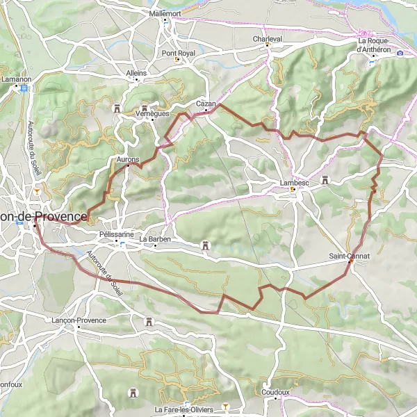 Mapa miniatúra "Gravel cyklistická trasa okolo Aurons" cyklistická inšpirácia v Provence-Alpes-Côte d’Azur, France. Vygenerované cyklistickým plánovačom trás Tarmacs.app