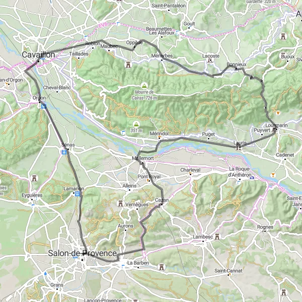Miniaturní mapa "Cyklotrasa Sénas - Pélissanne" inspirace pro cyklisty v oblasti Provence-Alpes-Côte d’Azur, France. Vytvořeno pomocí plánovače tras Tarmacs.app