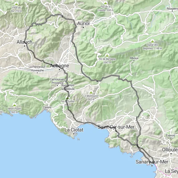 Miniatura mapy "Trasa z Sanary-sur-Mer przez pasmo górskie" - trasy rowerowej w Provence-Alpes-Côte d’Azur, France. Wygenerowane przez planer tras rowerowych Tarmacs.app