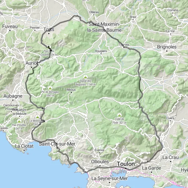 Kartminiatyr av "Kustvägen till Saint-Maximin-la-Sainte-Baume" cykelinspiration i Provence-Alpes-Côte d’Azur, France. Genererad av Tarmacs.app cykelruttplanerare