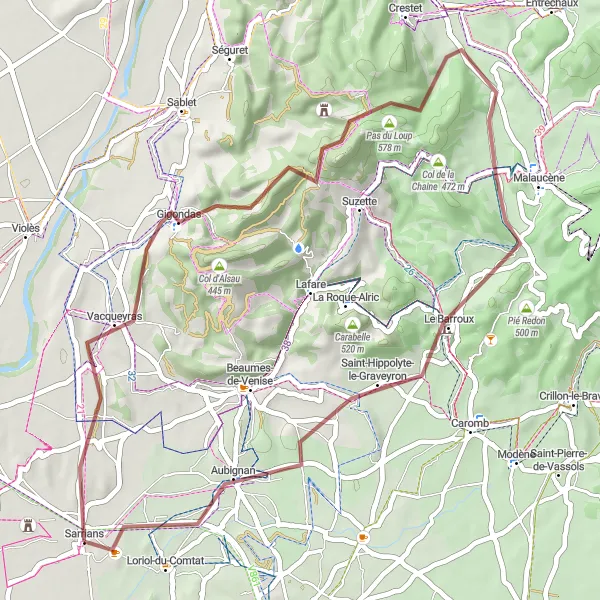 Miniatua del mapa de inspiración ciclista "Ruta de Grava por Vacqueyras y Le Barroux" en Provence-Alpes-Côte d’Azur, France. Generado por Tarmacs.app planificador de rutas ciclistas