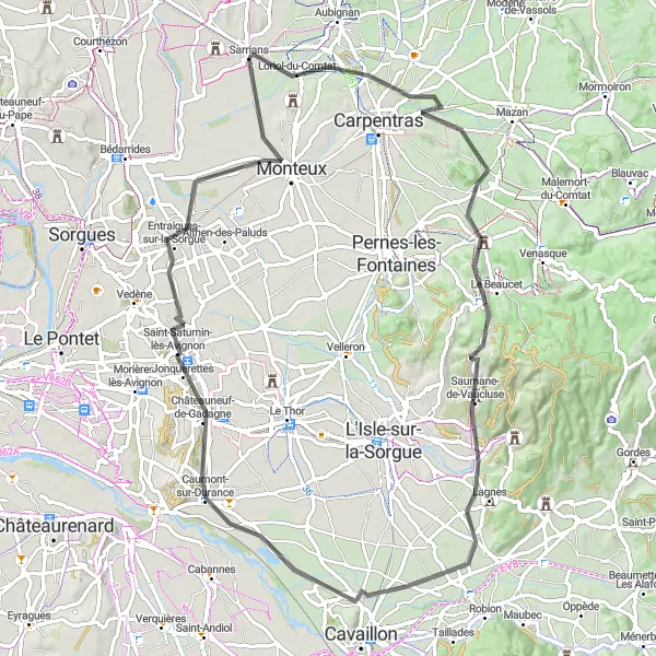 Miniaturní mapa "Okružní cyklotrasa Loriol-du-Comtat" inspirace pro cyklisty v oblasti Provence-Alpes-Côte d’Azur, France. Vytvořeno pomocí plánovače tras Tarmacs.app