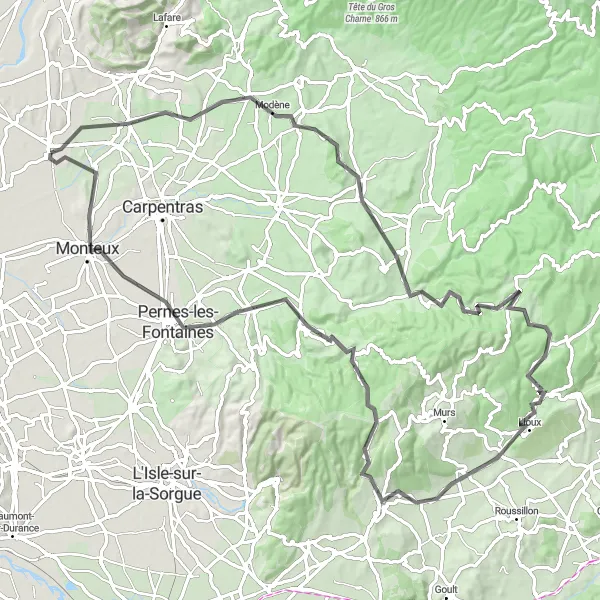 Map miniature of "Challenging Circuit of Sarrians" cycling inspiration in Provence-Alpes-Côte d’Azur, France. Generated by Tarmacs.app cycling route planner