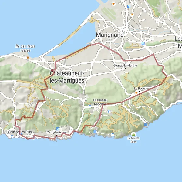 Miniatua del mapa de inspiración ciclista "Travesía por Gignac-la-Nerthe y Carry-le-Rouet" en Provence-Alpes-Côte d’Azur, France. Generado por Tarmacs.app planificador de rutas ciclistas
