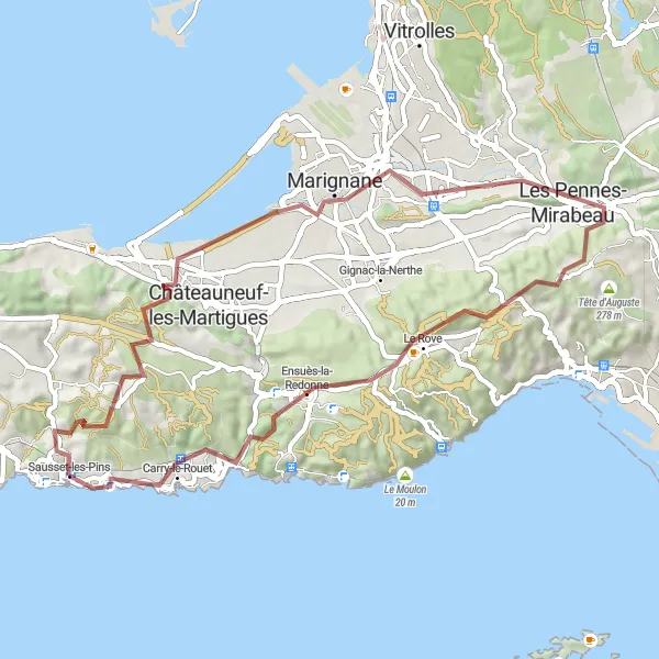 Miniatua del mapa de inspiración ciclista "Vueltas entre Sausset-les-Pins y Carry-le-Rouet" en Provence-Alpes-Côte d’Azur, France. Generado por Tarmacs.app planificador de rutas ciclistas