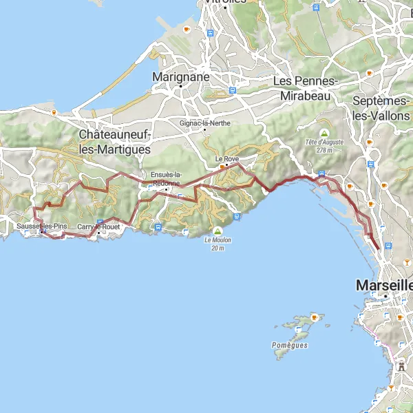 Miniatua del mapa de inspiración ciclista "Excursión entre Sausset-les-Pins y Carry-le-Rouet" en Provence-Alpes-Côte d’Azur, France. Generado por Tarmacs.app planificador de rutas ciclistas