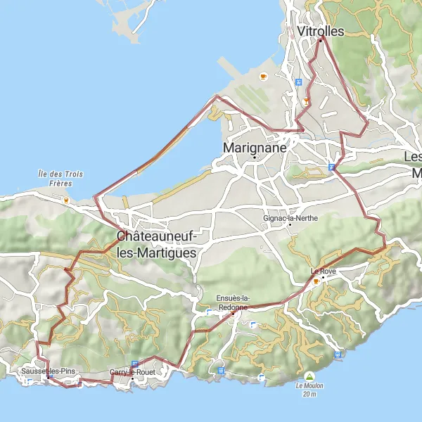 Miniatua del mapa de inspiración ciclista "Ruta de ciclismo de grava a través de Sausset-les-Pins" en Provence-Alpes-Côte d’Azur, France. Generado por Tarmacs.app planificador de rutas ciclistas