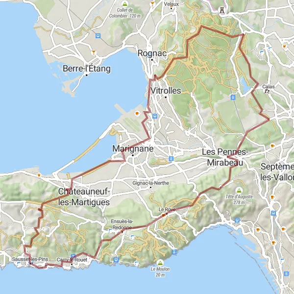 Miniatua del mapa de inspiración ciclista "Ruta de ciclismo de grava hacia Ensuès-la-Redonne" en Provence-Alpes-Côte d’Azur, France. Generado por Tarmacs.app planificador de rutas ciclistas