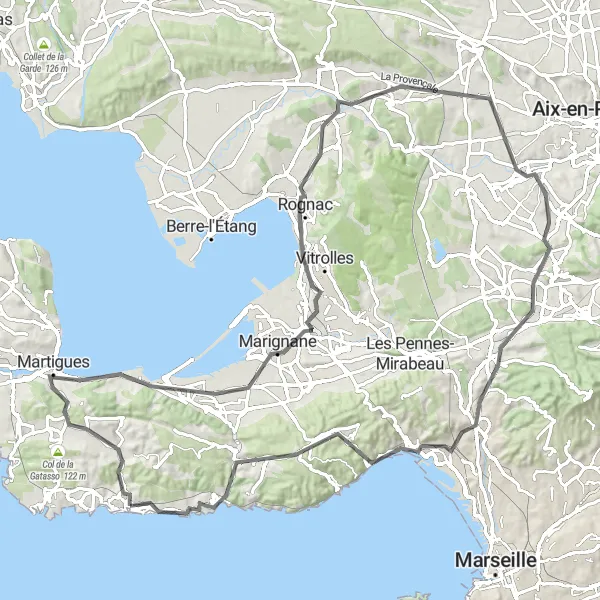 Miniatua del mapa de inspiración ciclista "Aventura en Bicicleta por Martigues y Les Milles" en Provence-Alpes-Côte d’Azur, France. Generado por Tarmacs.app planificador de rutas ciclistas