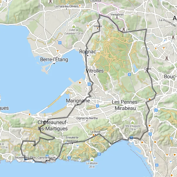 Miniatua del mapa de inspiración ciclista "Desafío por Rognac y Carry-le-Rouet" en Provence-Alpes-Côte d’Azur, France. Generado por Tarmacs.app planificador de rutas ciclistas