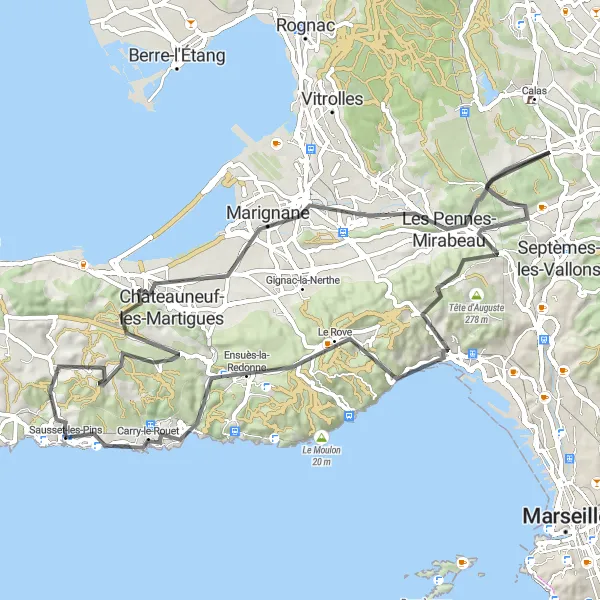 Miniatua del mapa de inspiración ciclista "Travesía en carretera desde Sausset-les-Pins" en Provence-Alpes-Côte d’Azur, France. Generado por Tarmacs.app planificador de rutas ciclistas