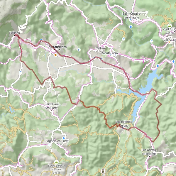 Miniatura mapy "Przejażdżka przez Montauroux i Les Esterets du Lac" - trasy rowerowej w Provence-Alpes-Côte d’Azur, France. Wygenerowane przez planer tras rowerowych Tarmacs.app