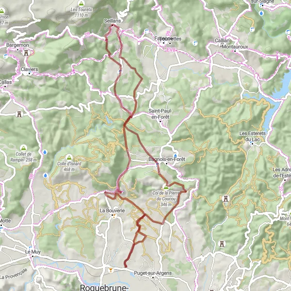 Miniatua del mapa de inspiración ciclista "Aventura en grava por Bagnols-en-Forêt y Gorges du Blavet" en Provence-Alpes-Côte d’Azur, France. Generado por Tarmacs.app planificador de rutas ciclistas
