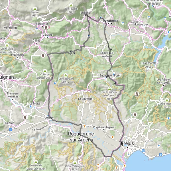 Miniatua del mapa de inspiración ciclista "Desafío por Fayence y Le Muy" en Provence-Alpes-Côte d’Azur, France. Generado por Tarmacs.app planificador de rutas ciclistas