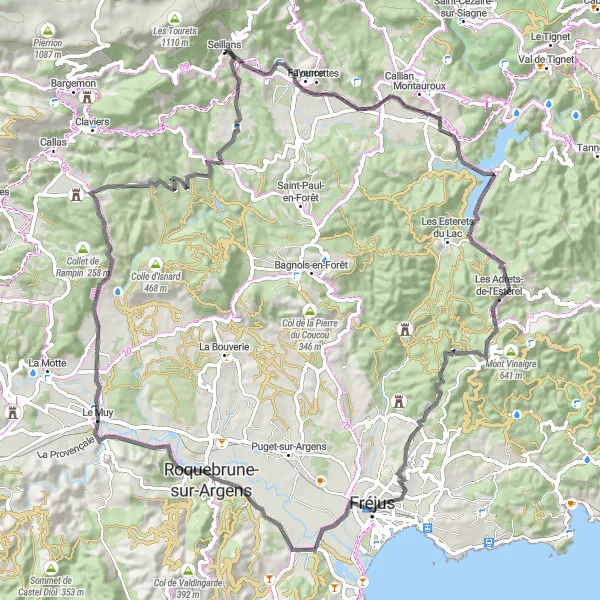 Miniatua del mapa de inspiración ciclista "Ruta escénica por Les Adrets-de-l'Estérel y Roquebrune-sur-Argens" en Provence-Alpes-Côte d’Azur, France. Generado por Tarmacs.app planificador de rutas ciclistas