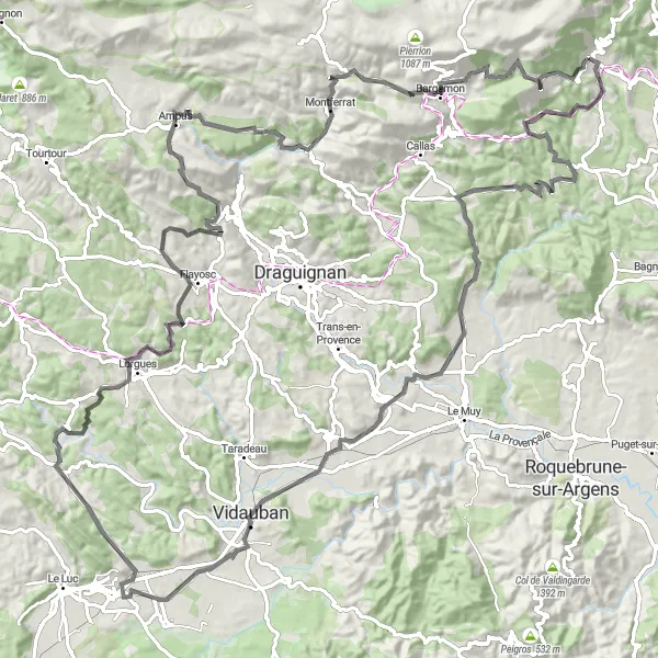 Miniatua del mapa de inspiración ciclista "Aventura en carretera por Vidauban y Bargemon" en Provence-Alpes-Côte d’Azur, France. Generado por Tarmacs.app planificador de rutas ciclistas