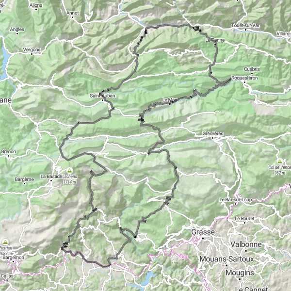Miniatua del mapa de inspiración ciclista "Ruta en carretera con impresionantes vistas" en Provence-Alpes-Côte d’Azur, France. Generado por Tarmacs.app planificador de rutas ciclistas