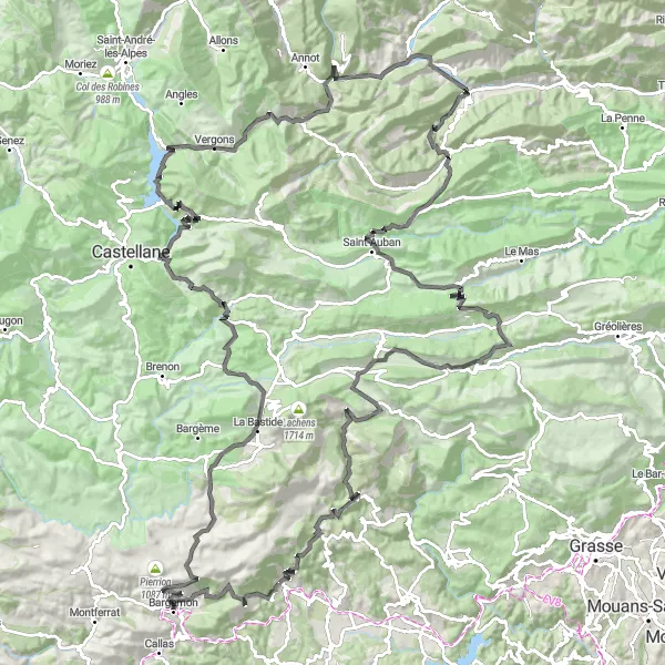 Miniatua del mapa de inspiración ciclista "Desafío épico a través de los picos de la Provenza" en Provence-Alpes-Côte d’Azur, France. Generado por Tarmacs.app planificador de rutas ciclistas