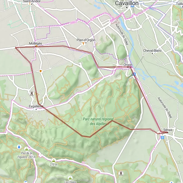 Miniatua del mapa de inspiración ciclista "Ruta de grava a Eygalières y Mollégès" en Provence-Alpes-Côte d’Azur, France. Generado por Tarmacs.app planificador de rutas ciclistas