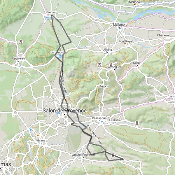 Miniaturní mapa "Okruh kolem Sénas" inspirace pro cyklisty v oblasti Provence-Alpes-Côte d’Azur, France. Vytvořeno pomocí plánovače tras Tarmacs.app