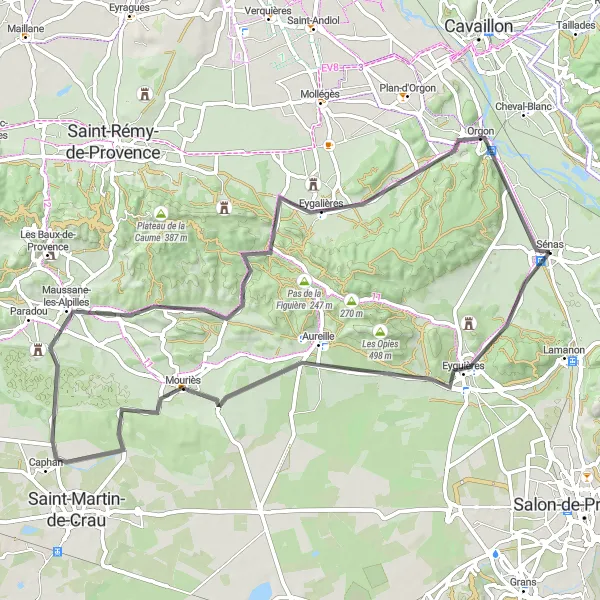 Kartminiatyr av "Mångfald av Sevärdheter vid Eyguières" cykelinspiration i Provence-Alpes-Côte d’Azur, France. Genererad av Tarmacs.app cykelruttplanerare