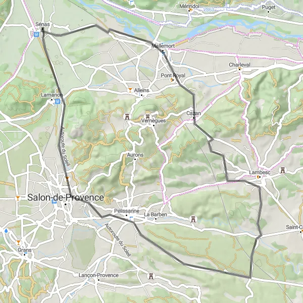 Mapa miniatúra "Cyklotrasa Mallemort - Lamanon" cyklistická inšpirácia v Provence-Alpes-Côte d’Azur, France. Vygenerované cyklistickým plánovačom trás Tarmacs.app