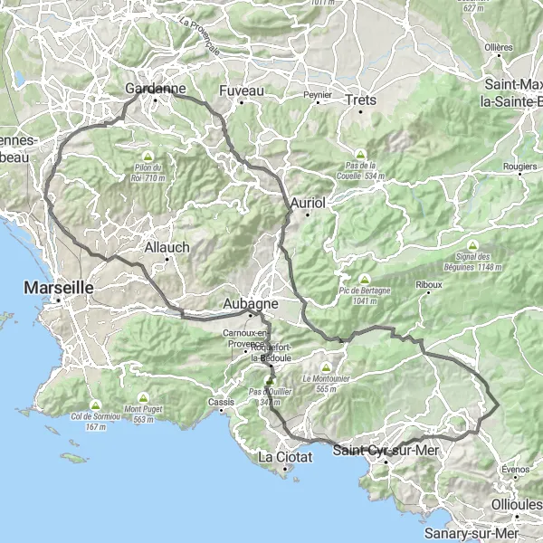 Miniaturekort af cykelinspirationen "Aubagne og Saint-Cyr-sur-Mer Rundtur" i Provence-Alpes-Côte d’Azur, France. Genereret af Tarmacs.app cykelruteplanlægger