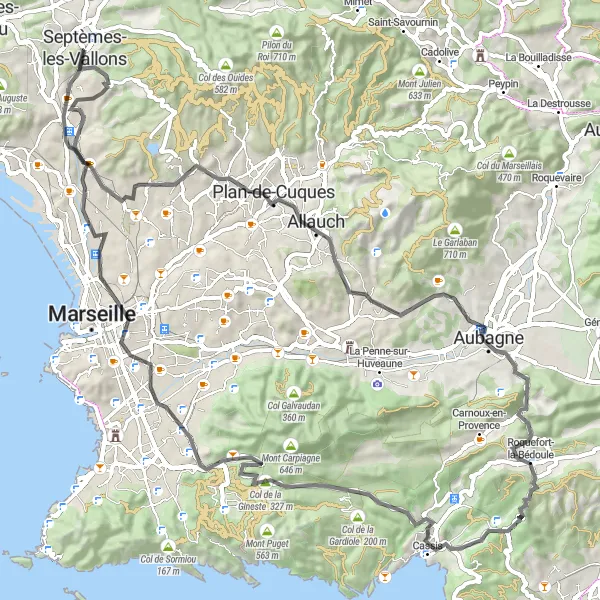 Kartminiatyr av "Historisk rute gjennom Aubagne og Roquefort-la-Bédoule" sykkelinspirasjon i Provence-Alpes-Côte d’Azur, France. Generert av Tarmacs.app sykkelrutoplanlegger