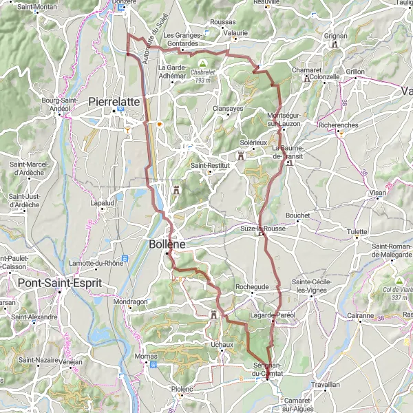 Kartminiatyr av "Grusväg till Sérignan-du-Comtat" cykelinspiration i Provence-Alpes-Côte d’Azur, France. Genererad av Tarmacs.app cykelruttplanerare