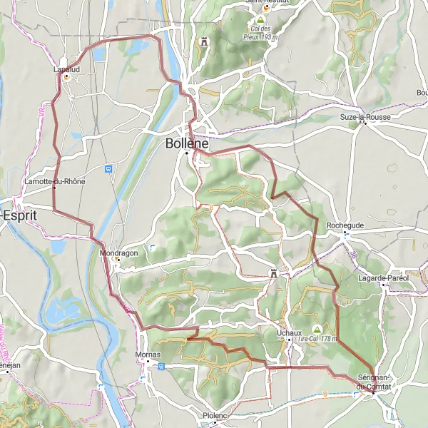 Kartminiatyr av "Grustur til Bollène og Tire-Cul" sykkelinspirasjon i Provence-Alpes-Côte d’Azur, France. Generert av Tarmacs.app sykkelrutoplanlegger