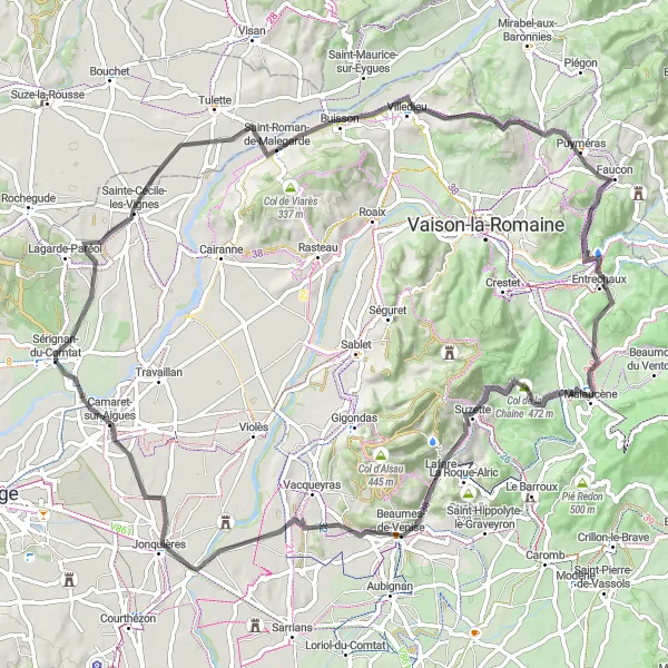 Kartminiatyr av "Vägcykling till Jonquières" cykelinspiration i Provence-Alpes-Côte d’Azur, France. Genererad av Tarmacs.app cykelruttplanerare