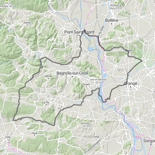 Miniaturní mapa "Kruhová cesta Arc de Triomphe - Uchaux" inspirace pro cyklisty v oblasti Provence-Alpes-Côte d’Azur, France. Vytvořeno pomocí plánovače tras Tarmacs.app