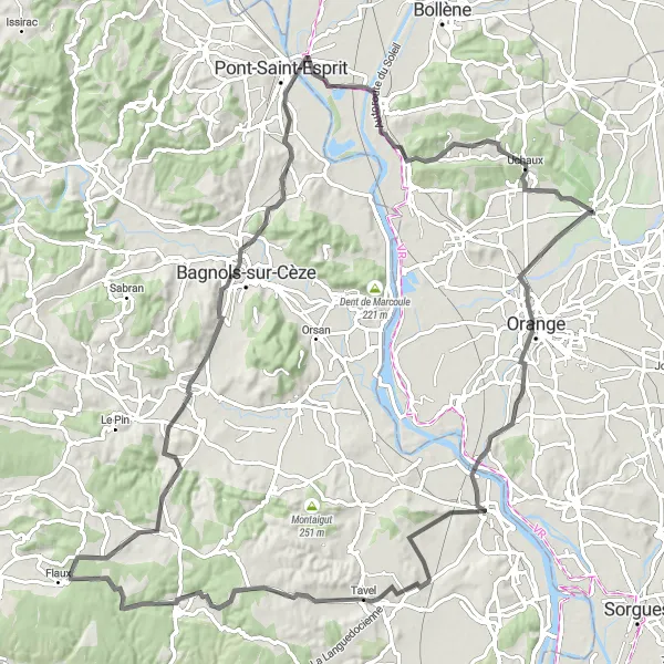 Mapa miniatúra "Orange a okolí" cyklistická inšpirácia v Provence-Alpes-Côte d’Azur, France. Vygenerované cyklistickým plánovačom trás Tarmacs.app