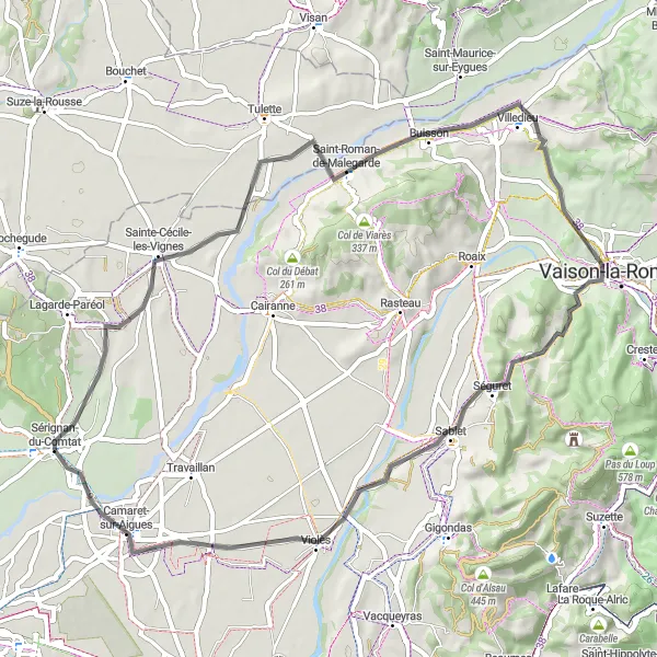 Zemljevid v pomanjšavi "Kolesarska pot okoli Sérignan-du-Comtat" kolesarske inspiracije v Provence-Alpes-Côte d’Azur, France. Generirano z načrtovalcem kolesarskih poti Tarmacs.app