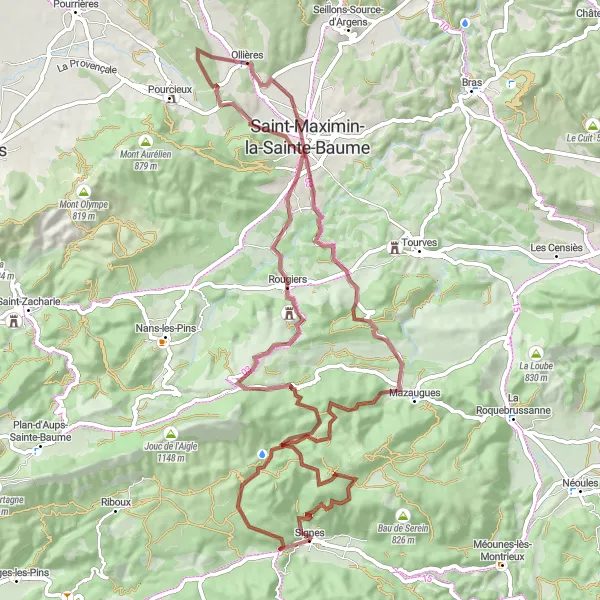 Miniatua del mapa de inspiración ciclista "Ruta de gravilla desde Signes a Lavoir" en Provence-Alpes-Côte d’Azur, France. Generado por Tarmacs.app planificador de rutas ciclistas