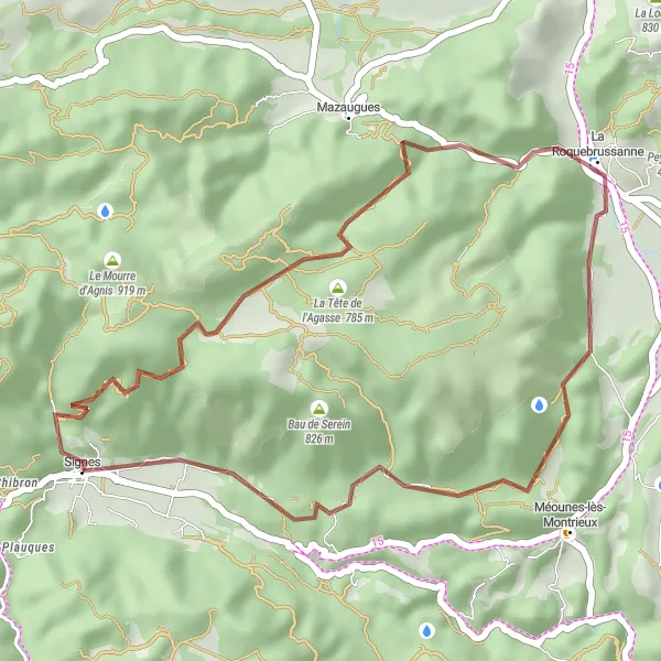 Map miniature of "Scenic Gravel Ride: Signes Exploration" cycling inspiration in Provence-Alpes-Côte d’Azur, France. Generated by Tarmacs.app cycling route planner