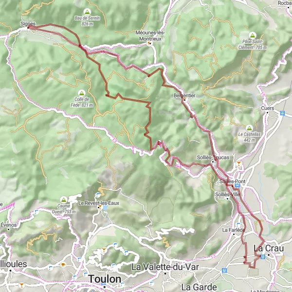 Miniaturní mapa "Cyklistická trasa kolem Signes - Gravel" inspirace pro cyklisty v oblasti Provence-Alpes-Côte d’Azur, France. Vytvořeno pomocí plánovače tras Tarmacs.app
