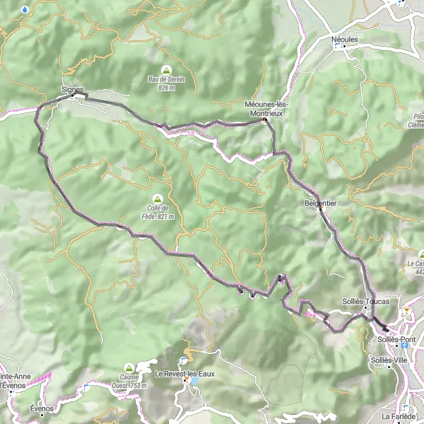 Miniatua del mapa de inspiración ciclista "Ruta panorámica por Méounes-lès-Montrieux" en Provence-Alpes-Côte d’Azur, France. Generado por Tarmacs.app planificador de rutas ciclistas