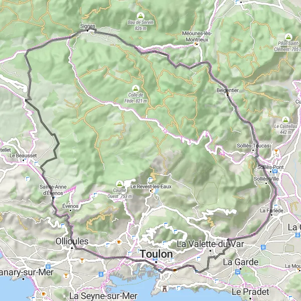 Kartminiatyr av "Sykkeltur til Sainte-Croix via Ollioules" sykkelinspirasjon i Provence-Alpes-Côte d’Azur, France. Generert av Tarmacs.app sykkelrutoplanlegger