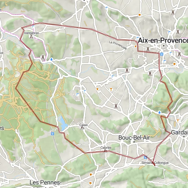 Miniaturní mapa "Gravelová trasa kolem Simiane-Collongue" inspirace pro cyklisty v oblasti Provence-Alpes-Côte d’Azur, France. Vytvořeno pomocí plánovače tras Tarmacs.app