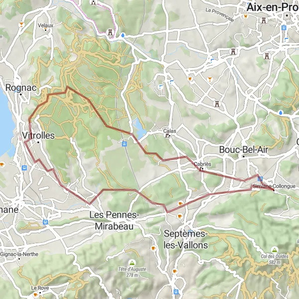 Miniaturní mapa "Gravelová cyklotrasa v okolí Simiane-Collongue" inspirace pro cyklisty v oblasti Provence-Alpes-Côte d’Azur, France. Vytvořeno pomocí plánovače tras Tarmacs.app