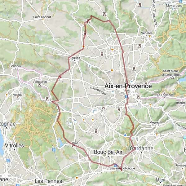 Miniature de la carte de l'inspiration cycliste "Exploration des Collines et des Carrières" dans la Provence-Alpes-Côte d’Azur, France. Générée par le planificateur d'itinéraire cycliste Tarmacs.app